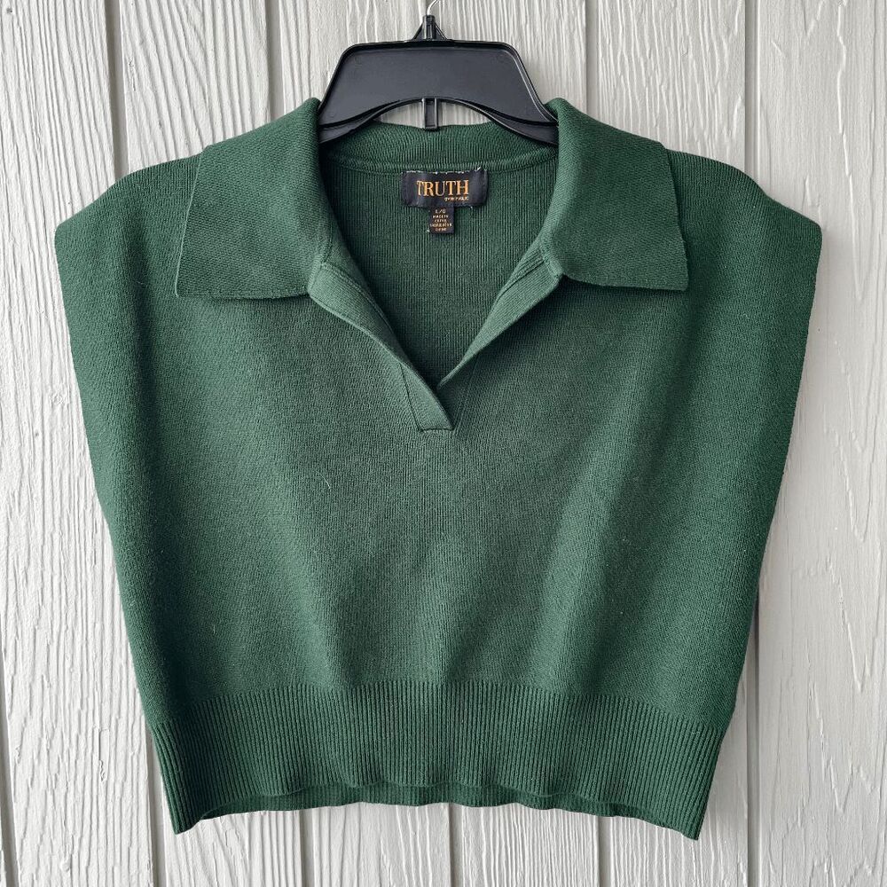 Truth by Republic Forest Green Cropped Polo Knit Top L Quiet Luxury Preppy